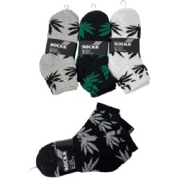 24 Bulk 3pr Men's Anklets 10-13 [marijuana] Blk/gry/white