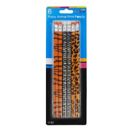 48 Bulk 6ct Fuzzy Animal Print Pencils With Eraser