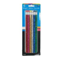 48 Bulk 6ct Bright Glitter Wood Pencils With Eraser
