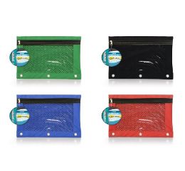 24 Bulk 10 inch X 7.5 inch 3 Ring Pencil Pouch, Mesh Window,