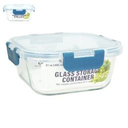 24 Bulk Bh Sq Glass Cont Snap Bl Lid 27oz