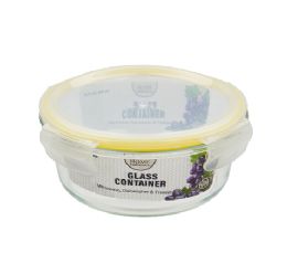 12 Bulk Bh Rnd Glass Cont Snap Yl Lid 32oz
