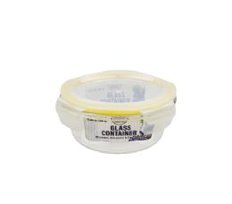 24 Bulk Bh Rnd Glass Cont Snap Yl Lid 13.5oz