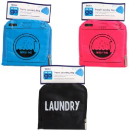 48 Bulk Travel Laundry Bag 3assorted  22x21 Drawstring Blue/black/pink Carded Peggable