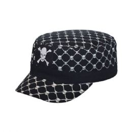 24 Bulk Youth Fitted Army Cap W/Skull Print BLACK-55