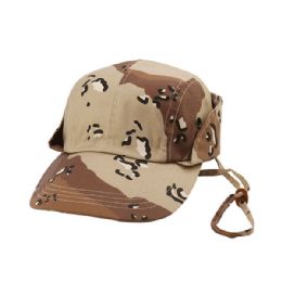 24 Bulk Camouflage Twill Fishing Cap W/Chin Cord DESERT