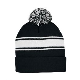 24 Bulk Striped Pom Cuff Beanie Black-White