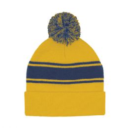 24 Bulk Striped Pom Cuff Beanie GOLD-Navy