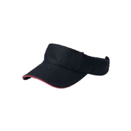 24 Bulk Pro Style Cotton Twill Washed Visor Black-RED