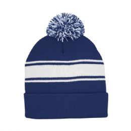 24 Bulk Striped Pom Cuff Beanie BLUE-White