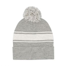 24 Bulk Striped Pom Cuff Beanie H.GREY-White