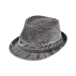 24 Bulk Washed Fedora Hat W/Distressed Look BLACK