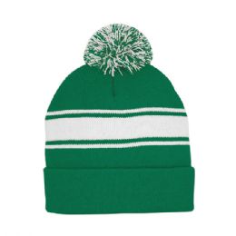 24 Bulk Striped Pom Cuff Beanie Green-WHITE