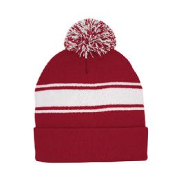 24 Bulk Striped Pom Cuff Beanie RED-White