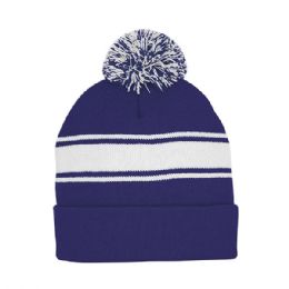 24 Bulk Striped Pom Cuff Beanie RYL-White