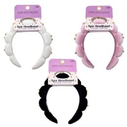 24 Bulk Soft Velvet Spa Headband With Gold Studs Assorted Pink,white & Black