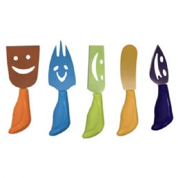 36 Bulk 5 Piece Colorful Non Stick Smiley Faces Cheese Knives Set