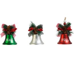 24 Bulk Jingle Bell Ornament W/ Greeting & Pine & Ribbon Trim 3 Asst Peace/ Joy/ Noel Xmas ht