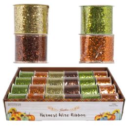 24 Bulk Ribbon Wire Harvest 2.5in X 3yds Ast Sparkle 24pc Pdq