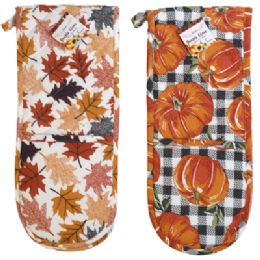12 Bulk Oven Mitt / Potholder Double Hand 2 Asst Harvest Print Ht/ Jhook
