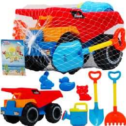 12 Bulk 10.25-inch Beach Toy Truck W/ 6pc Acss In Pegable Net Bag