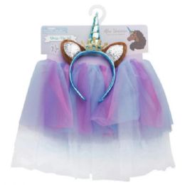12 Bulk Afro Unicorn 2 Piece Dress Up Set With Colorful Skirt And Unicorn Hairband