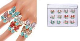 36 Bulk Rhinestone Studded Butterfly Colorful Ring