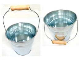 96 Bulk Tin Bucket W/ Wooden Grip  5.25inch Dia X4.75inch H