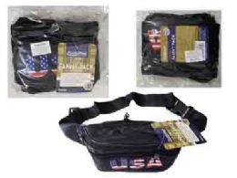 144 Bulk 3 Pocket Waist Bag With Usa Logo - Black Color