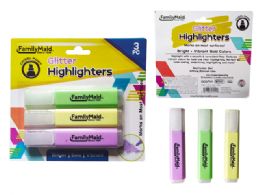 144 Bulk Glitter Highlighters 3pc 4.5inch L Yellow,green,purpl