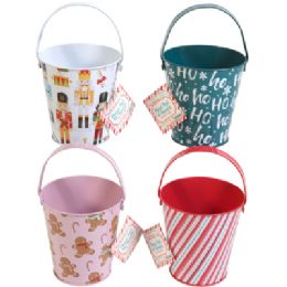 24 Bulk Pail Metal Christmas 4 Ast/ 4in W/ Handle Xmas Label