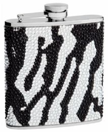 6 Bulk Rhinestone Hip Flask 6 oz Zebra Black and White Finish
