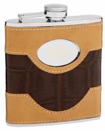 6 Bulk 6oz Two-Tone Faux Leather Flask with Oval Engraving Area