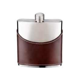 6 Bulk 6oz Brown Leather Flask with Mirror Finish