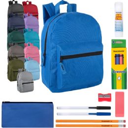 24 Bulk 15-Inch Basic Backpack With 12-Piece School Supplies Kit - 12 Colors