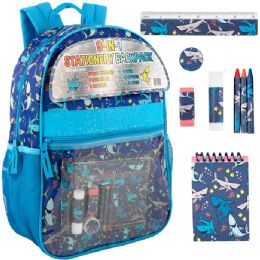 24 Bulk 17-Inch Shark Themed Backpack With Clear Front Pocket And 8-Piece School Supply Kit