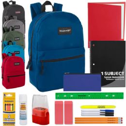 24 Bulk 18-Inch Dome Backpack With 20-Piece School Supplies Kit - 4 Colors