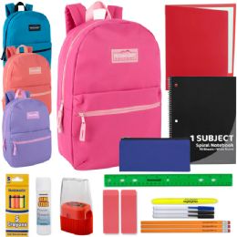 24 Bulk 17-Inch Dome Backpack And 20-Piece School Supply Kit - 3 Pastel Colors
