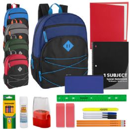 24 Bulk 18-Inch MultI-Pocket Bungee Backpack With 20-Piece School Supply Kit - 5 Colors