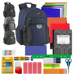 12 Bulk 18-Inch Reflective Multi Pocket Backpack With Laptop Section With 30-Piece School Supply Kit - 4 Colors