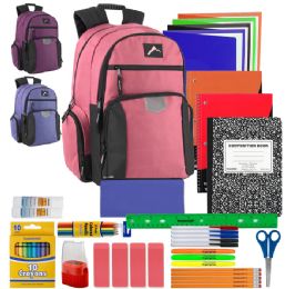 12 Bulk Reflective Multi Pocket Backpack With Laptop Section With 30-Piece School Supply Kit - 3 Colors