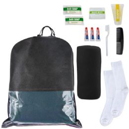 24 Bulk 10-Piece Deluxe Hygiene Kit With Cinch Travel Bag With Clear Window Socks Blanket