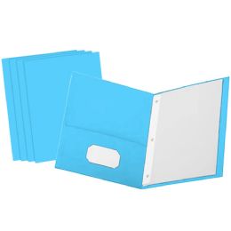 4 Bulk Paper 2-Pockets Portfolio, Light Blue With 3 Prongs 25 count