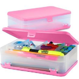 24 Bulk Pencil  Jumbo Double Deck Organizer Box, Pink