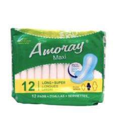48 Bulk AMORAY 12PK MAXI PADS W WINGS LONG SUPER