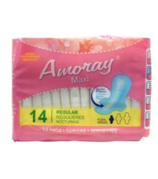 48 Bulk AMORAY 14PK MAXI PADS W WINGS REGULAR