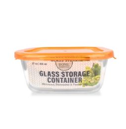 12 Bulk Bh Sq Glass Container Orange Lid 27.5oz