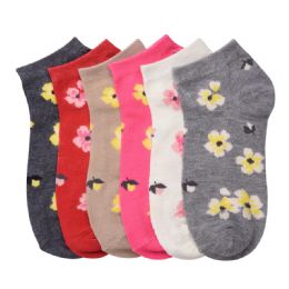216 Bulk Girls Blossom Printed Spak Spandex Ankle Socks Size 4-6