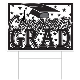 60 Bulk Plastic Congrats Grad Yard Sign - White/Black