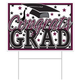 60 Bulk Plastic Congrats Grad Yard Sign - Maroon/Black